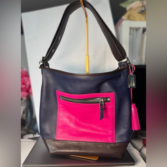 Coach legacy color block leather pink blue navy brown tassels shoulder bag - Picture 1 of 16